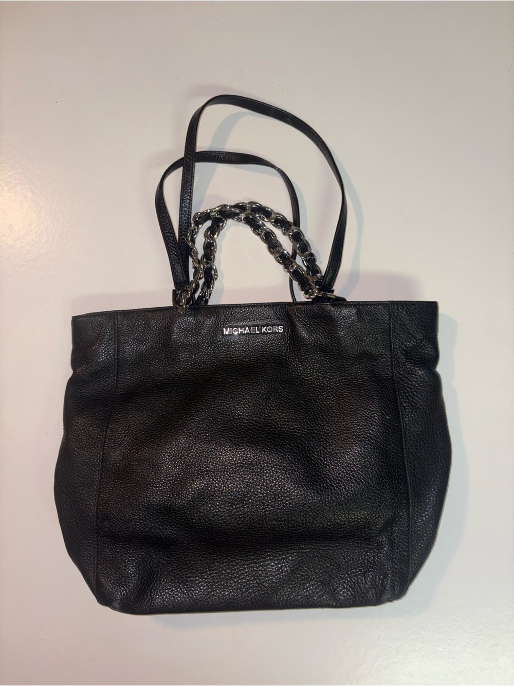 Michael Kors Harper Black Pebbled Leather Tote Bag Silver Chain Shoulder